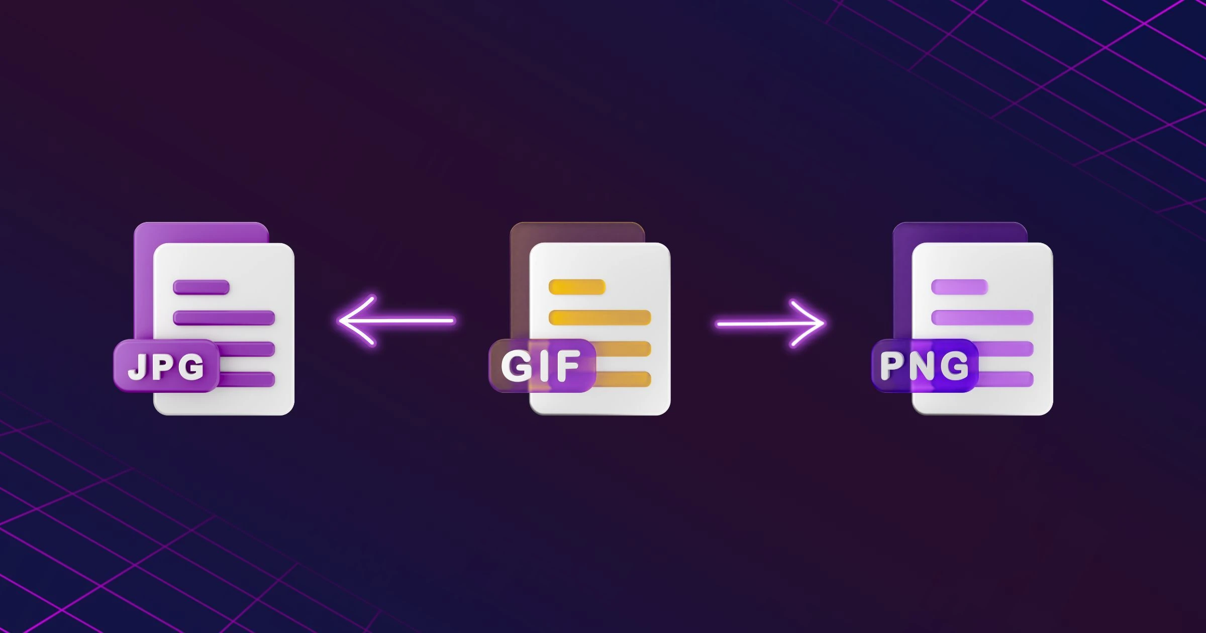 Image conversion arrows showing JPG to PNG to WEBP high-quality conversion
