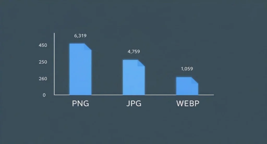 Bar chart comparing PNG, JPG, and WEBP image file sizes for SEO