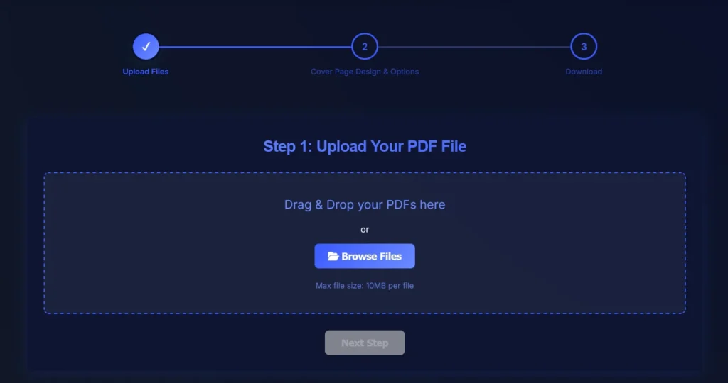Add Cover Page to PDF tool upload step