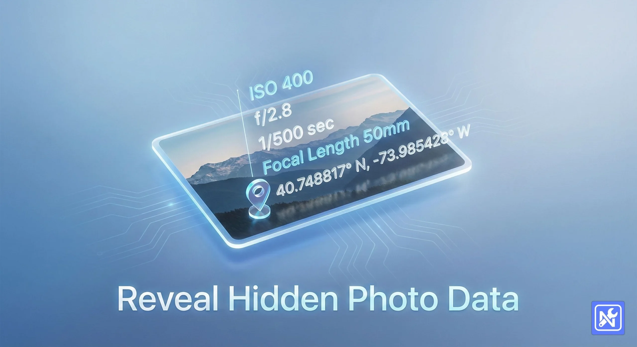 Abstract illustration of an online EXIF viewer revealing ISO and GPS data from a photo.