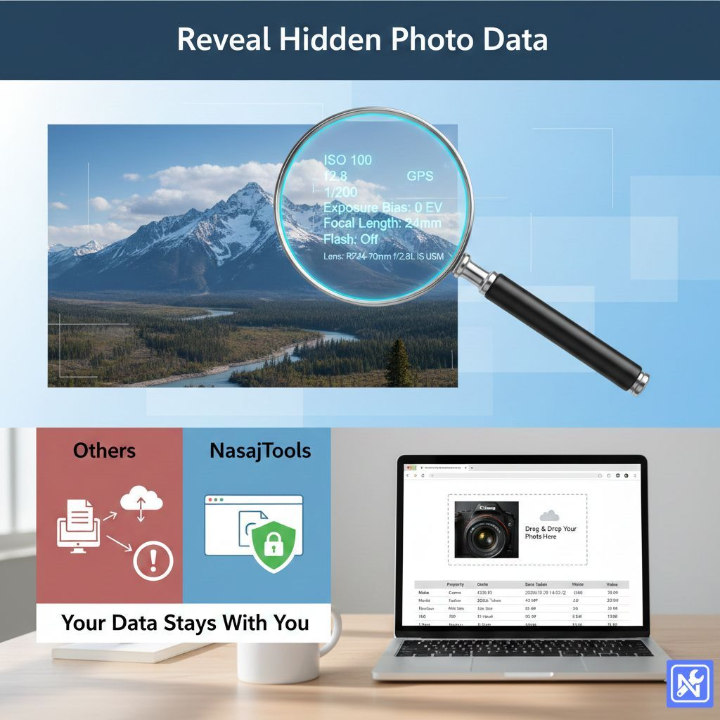 Laptop screen displaying the NasajTools online EXIF viewer interface with image metadata.