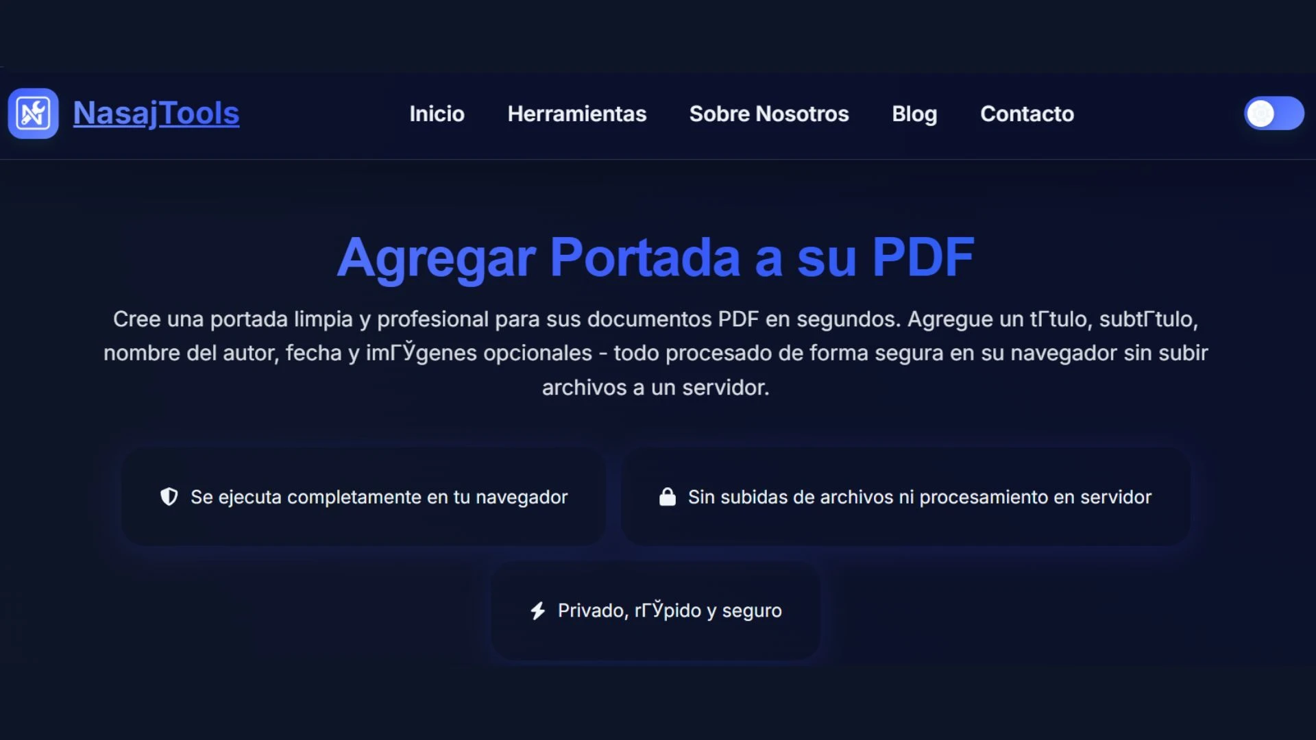 Interfaz para añadir portada a PDF de forma privada y rápida.