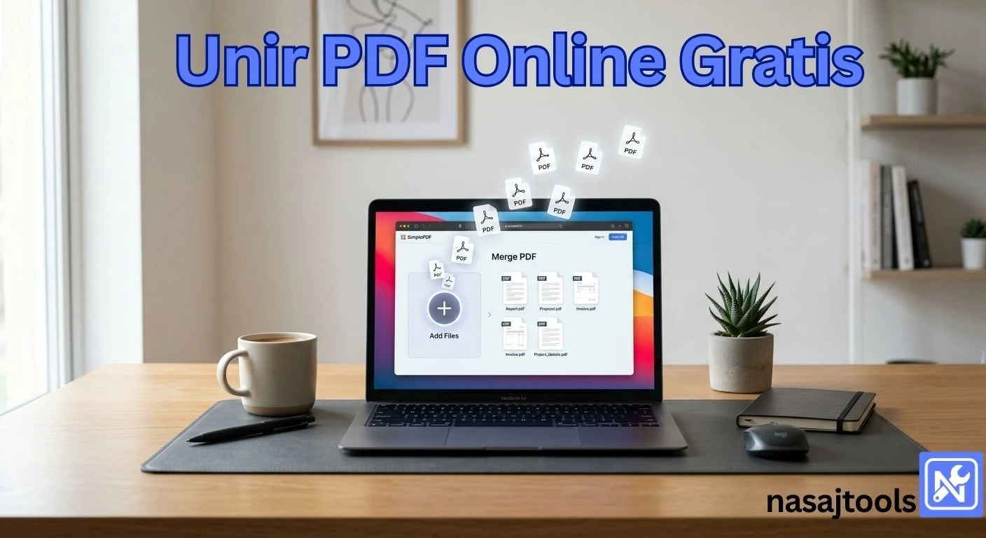 Laptop mostrando herramienta para unir PDF gratis de forma privada.
