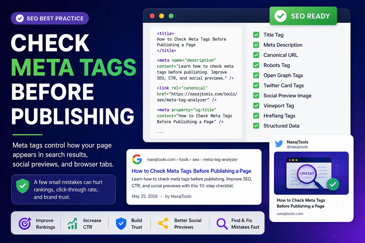 Check meta tags before publishing with SEO title, meta description, canonical URL, robots tag, Open Graph tags, and social preview checklist