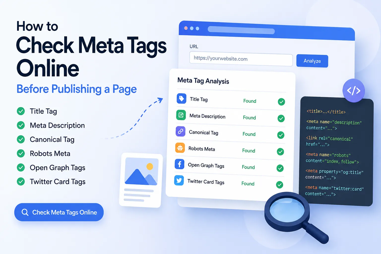 How to Check Meta Tags Online Before Publishing a Page 1 Check meta tags online before publishing a page using a meta tag analyzer
